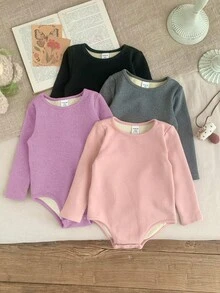 SHEIN 4件套女婴纯色针织长袖连体衣，休闲简约风格，适合室内、户外滑雪、日常穿着、运动、玩耍、派对、摄影、圣诞节以及秋冬季其他场合。 - 彩色 - 查看 7
