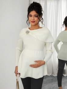 Momance Fitted Maternity Sweater With Turndown Collar, Rhinestone Buttons, Ruffle Hem Design, Elegant For Dates, Long Sleeve Pullover