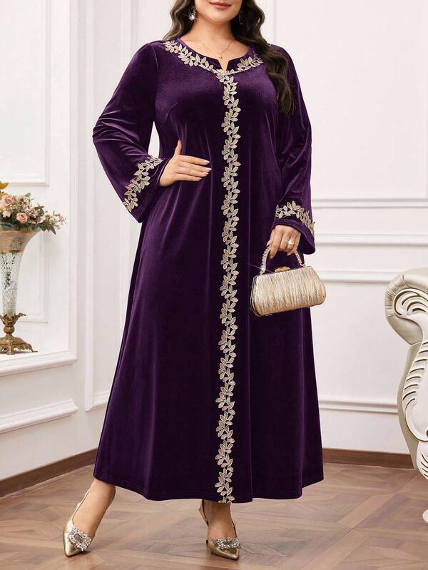 Al Najma Plus Size Women's Elegant Arabic Style Long Sleeve Dress With Applique Decor