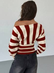 Aloruh Asymmetric Shoulder Black & White Striped Batwing Sleeve Cinched Waist Tight Fitted Young Lady Sweater - Burgundy - View 2