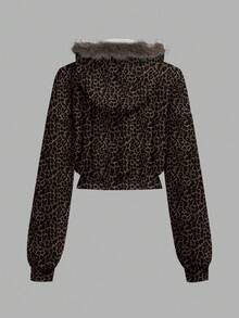 Attitoon 女士休闲复古修身毛领拉链连帽常规夹克，豹纹，适合 Y2K，复古风格