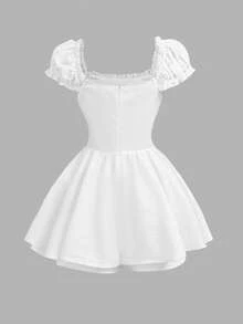 SHEIN Girlism Tween Girls Solid Frill Trim Ruched Bust Ruffle Hem White Cap Sleeves Double Hem Skort Romper Mini Dress White Dress Puffy Sleeve Dress
