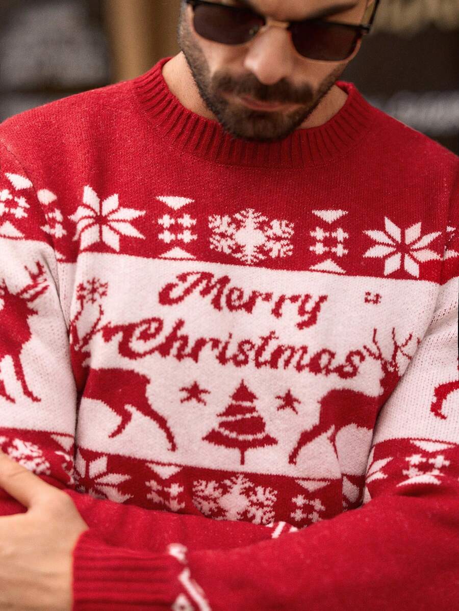 Manfinity VCAY Herren Weihnachts-Element-Muster Strickpullover, Slim Fit Rundhals Langarm Pullover, Herbst/Winter Roter Pullover Herren Weihnachts Strickpullover Herren Weihnachtspullover Männer Grafik Pullover für Herren - Rot - Übersicht 1