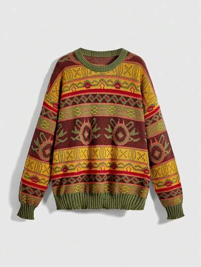 Fairycore Casual Geometric Pattern Dropped Shoulder Loose Knit Sweater, Autumn/Winter