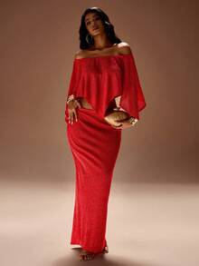 Radiana Women's Sexy Elegant Luxurious Champagne Gold Metallic Knit Rhinestone Embellished 2-Piece Set: Khaki Off-Shoulder Capelet Top + Fitted Maxi Skirt, Suitable For Dates, Parties, Galas, Birthdays, Clubs, Christmas, New Year, Formal Occasions - Red - View 3
