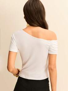 Daynim Asymmetrical Neck Solid Top - White - View 2