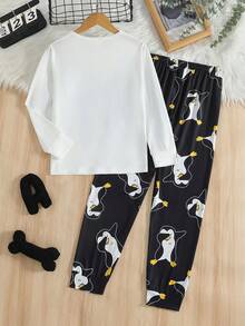 2pcs Toddler Boys' Long Sleeve Top And Pants Pajama Set Penguin Print Pajama Cute Pj Set - Black and White - View 2