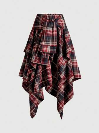 Minifalda asimétrica con capas, cordones y estampado de cuadros vintage de Navidad con estilo grunge K-pop