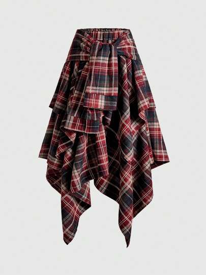 Jupe mini asymétrique à lacets, superposée, style vintage grunge à carreaux de Noël