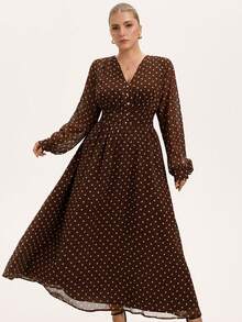 Chiquease 优雅V领雪纺波点印花收腰喇叭长连衣裙，大码，初秋，英伦风 - 彩色 - 查看 5