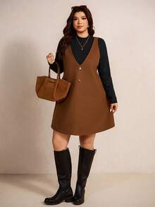 Elaquor Plus Size Brown V-Neck Sleeveless Dress And Blue Stand Collar Long Sleeve Top 2-Piece Set - Multicolor - View 3