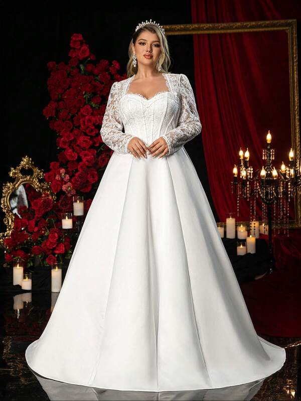 Glamrae Plus Size Elegant Romantic White Palace Sweetheart Neck Long Sleeve Sheer Waist Boned Decor French Lace Patchwork A-Line Wedding Dress (Heavily Embellished Design)