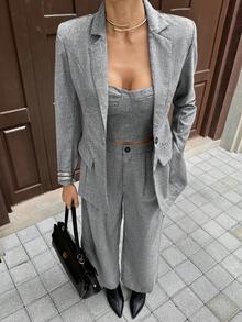 Siren Gaze 女士时尚商务套装 - 无肩带上衣和裤子 - 灰色 - 查看 2