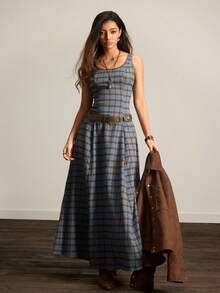 Easelle 复古游牧风方领收腰喇叭下摆女式连衣裙，复古格纹图案，前后拼接设计，舒适亲肤，女士长款格纹连衣裙，女士休闲长裙，不对称设计连衣裙 - 彩色 - 查看 5
