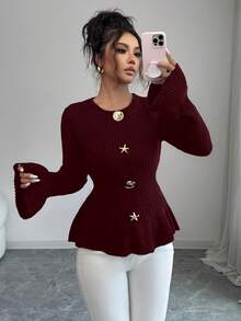SHEIN Elenzya Women's Elegant Metal Buckle Cuff & Ruffle Hem Design Long Sleeve Sweater, Autumn/Winter - Burgundy - View 4