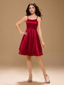 Váy dài màu đỏ tía cao cấp không tay, eo cao, viền xếp nếp kép, chất liệu satin bóng, thời trang tối giản thanh lịch cho bé gái tuổi teen, thích hợp cho Giáng sinh, khách dự tiệc cưới, biểu diễn - Màu Đỏ Sâu - Xem 3