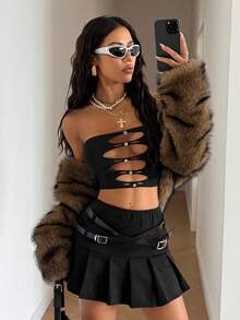 StreetHx Áo crop top thiết kế khoét lỗ phong cách đường phố thường ngày dành cho nữ những năm 2000, áo bandeau màu trơn gợi cảm, thu/đông - màu đen - Xem 3