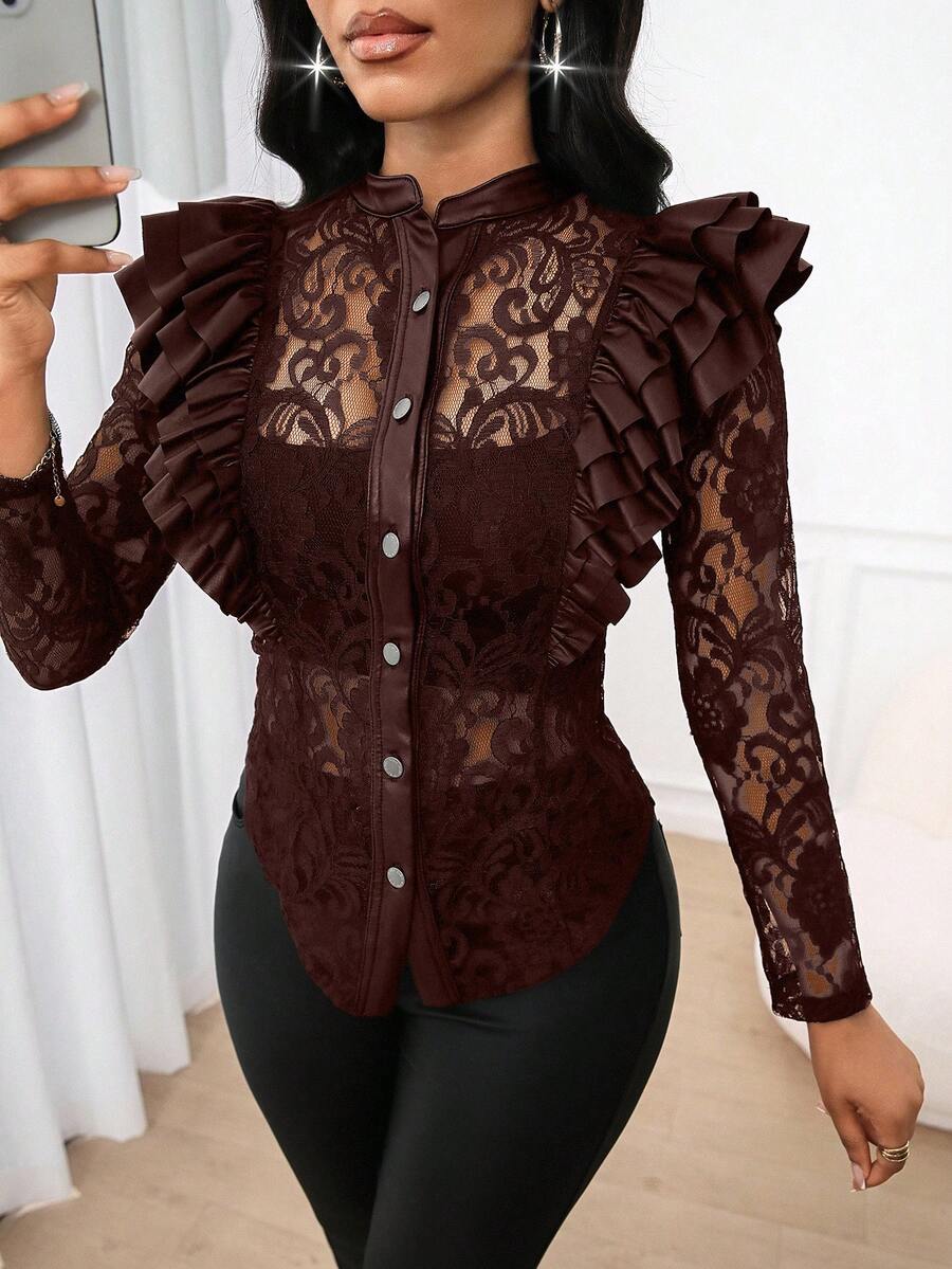 SHEIN Lady 新款女士蕾丝长袖复古纽扣荷叶边蕾丝拼接上衣，女士职业衬衫 - 棕色 - 查看 1