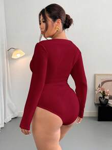Firerie Tuta elegante e minimalista di moda sexy per taglie forti, adatta per pendolarismo, festival musicali, vacanze, con collo asimmetrico, drappeggiata, manica lunga elasticizzata, autunno/inverno - Bordò - Visualizzare 2