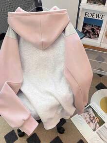 Women's Casual Everyday Commute Letter Embroidery Contrast Color Drop Shoulder Loose Pocket Thermal Lined Sweatshirt, Autumn/Winter - Multicolor - View 2