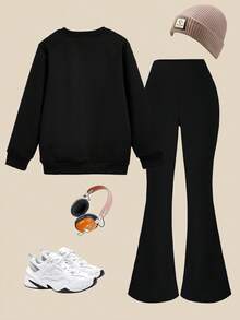 SHEIN Explorewe Conjunto de 2 peças de moletom e leggings com personagens de desenho animado K-Pop para meninas, ideal para fãs de K-Pop e uso diário, moletom casual com capuz adequado para uso diário, ao ar livre, esportes e escola, outono/inverno