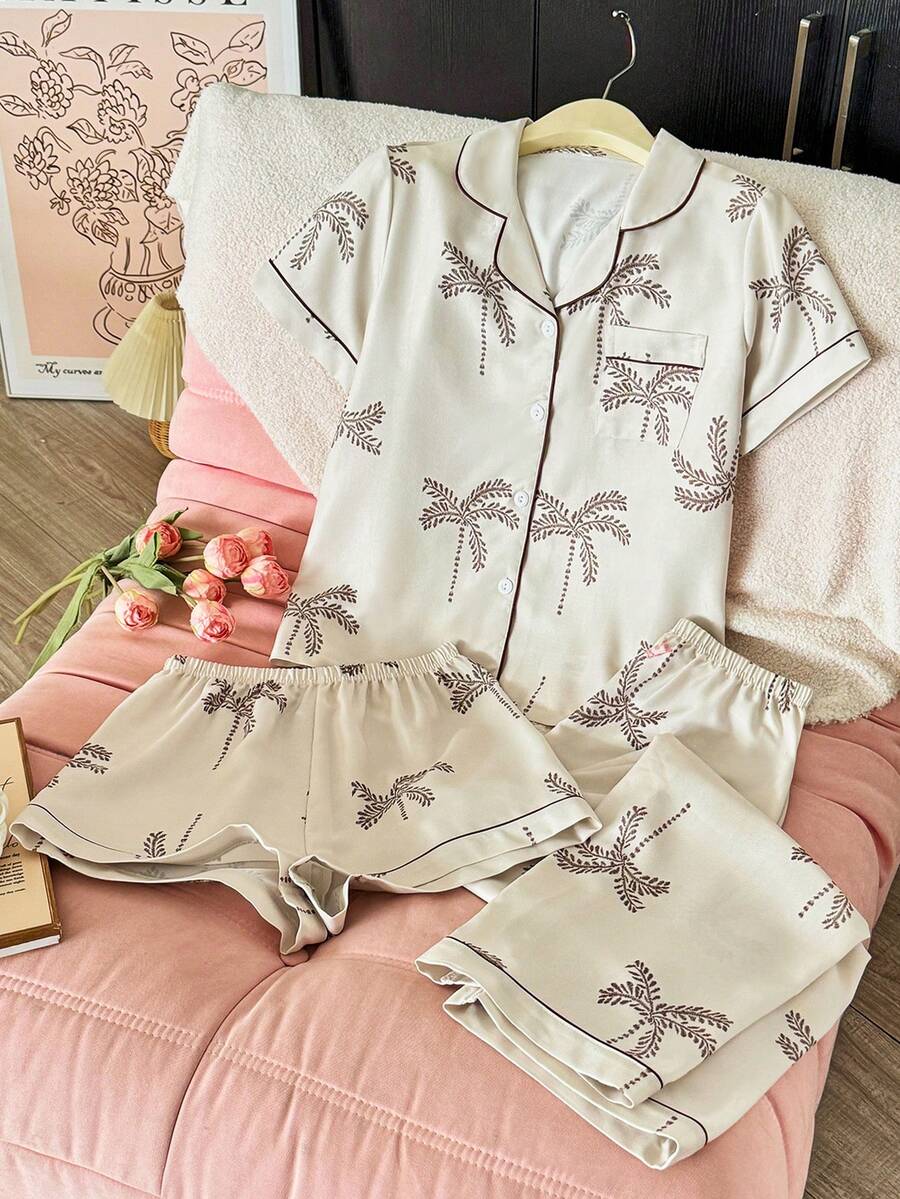SHEIN 3件套女士印花翻领短袖短裤睡衣套装 - 米色 - 查看 1