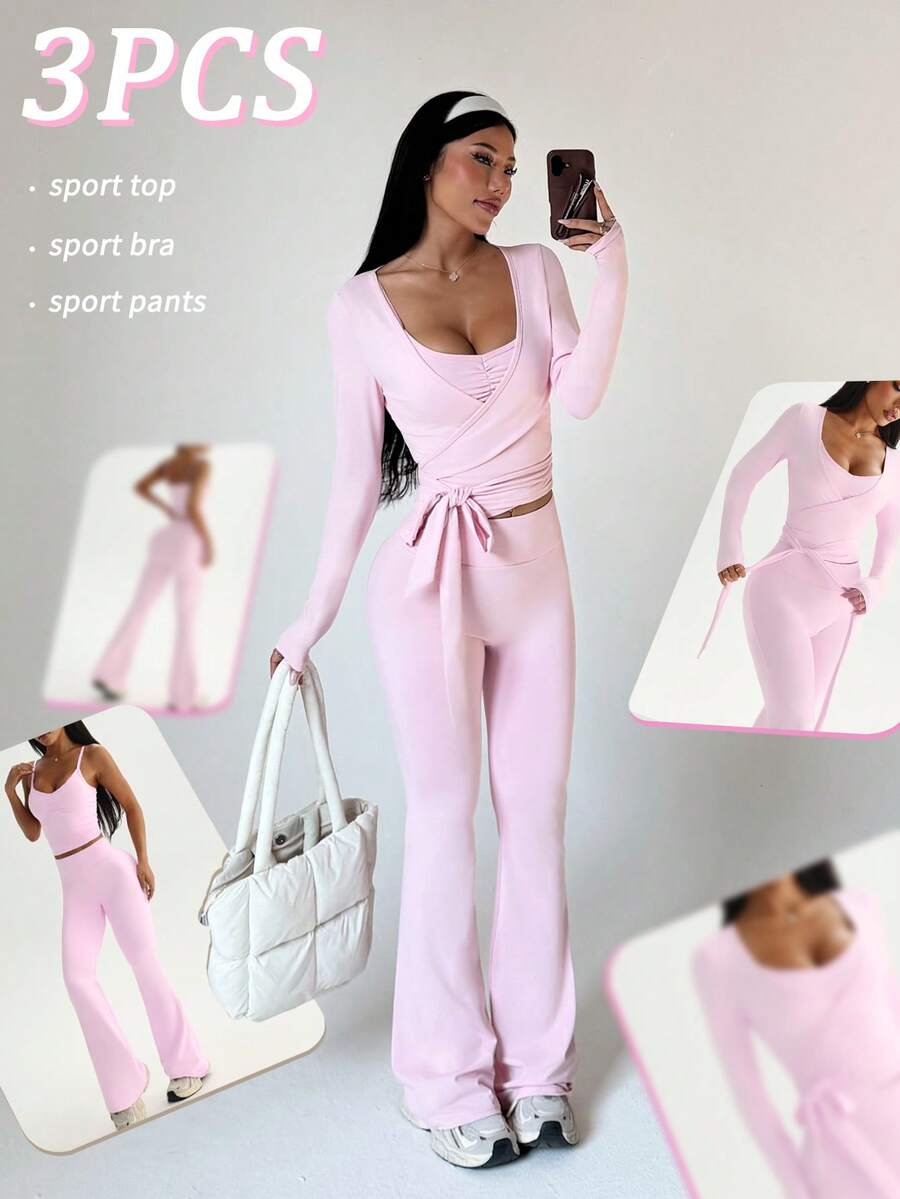 Sovereign Charm 3pcs Women's Sports Suit Set, Includes Long Sleeve T-Shirt, Adjustable Strap Top, And High Waist Flared Pants, Suitable For Daily Casual Wear, Running, Yoga, Gym, Tennis, All Seasons Flared Leggings Set Pink Sport Set - Pink - View 1