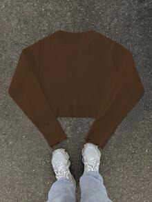 Manfinity Hypemode Fashionable Blogger Design Solid Color Distressed Pullover Sweater For Men, Autumn/Winter Brown Cropped Sweater Sweaters Y2k, Long Sleeve Top - Brown - View 2