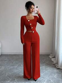 Elenzga Women's Elegant Office Commute Afternoon Tea Party Asymmetric Hem Long Sleeve Blazer Jacket And Elastic Waist Pants 2 Pieces Suit Set, Autumn/Winter - Red - View 3