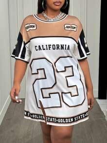 Slaydiva 2025 夏季及初秋新款休闲街头运动风日常约会音乐节圆领长袖落肩超宽松T恤 23数码标语Logo印花棕色拼接白色印花女式T恤连衣裙 - 彩色 - 查看 5