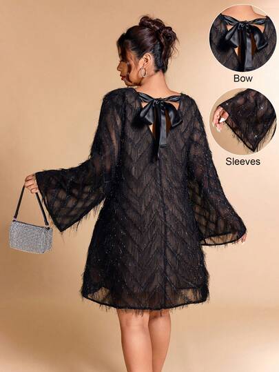 Cravure Vestido corto elegante con decoración de lazo para mujer de talla grande