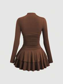 SHEIN PETITE 女士红色长袖高领褶皱腰身复古连衣裙，秋冬款