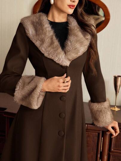 Vintamour 复古优雅女士大衣，带口袋，仿毛皮拼接，休闲假日度假秋季女装，冬季圣诞节女装外套，女士冬季大衣，秋季女装，圣诞节女装，感恩节女装