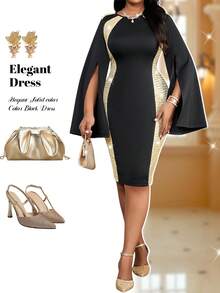 Fleurora Plus Size Elegant Black Bodycon Dress With Extra Long Raglan Sleeves And Round Neck Knee Length Knitted Fabric Multicolor - Multicolor - View 5