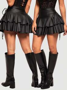 Radiana Váy ngắn nữ phong cách đường phố gợi cảm, giản dị, vải phủ PU co giãn, dây rút, eo xếp nếp nhiều lớp, viền nhún bèo, thích hợp mặc hàng ngày, lễ hội âm nhạc, hòa nhạc, tiệc hóa trang, đêm hẹn hò, sinh nhật, tiệc độc thân, câu lạc bộ, trang phục thường ngày dễ thương, mua sắm, thời trang đường phố, đi chơi, sành điệu, dễ phối đồ, kiểu dáng tôn dáng - màu đen - Xem 8