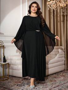 Modelyn Plus Size Women Crew Neck Flare Sleeve Patchwork Pleated Hem Elegant Dress