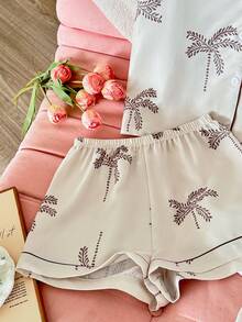 SHEIN 3件套女士印花翻领短袖短裤睡衣套装 - 米色 - 查看 6