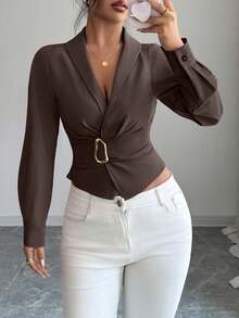 Elenzga Blusa ajustada con decoración metálica de unicolor, adecuada para ir al trabajo - Café integral - Ver 3