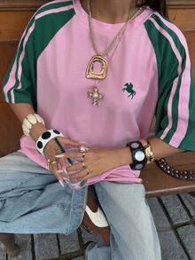 Muchica Damska koszulka z krótkim rękawem w swobodnym stylu z blokami kolorów, streetwear