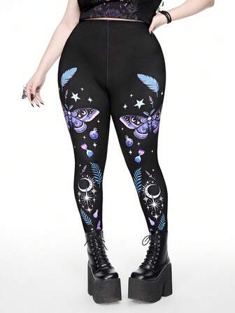 Gothic Thorn Witch, Butterfly, Star & Moon Magic Potion, Plant & Feather Print Black Leggings, Plus Size Women Bottoms For Autumn/Winter