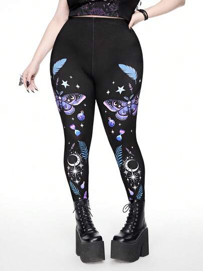 Gothic Thorn Witch, Butterfly, Star & Moon Magic Potion, Plant & Feather Print Black Leggings, Plus Size Women Bottoms For Autumn/Winter