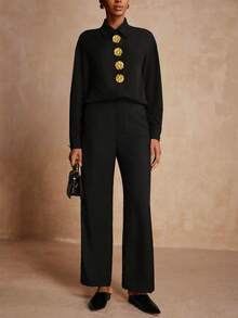 Vesra Women's Fashion Gold Decor Button Long Sleeve Top And Pants 2 Pieces Set Black Button Up Shirt - Black - View 6