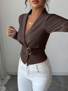 Elenzga Blusa ajustada con decoración metálica de unicolor, adecuada para ir al trabajo - Café integral - Ver 4