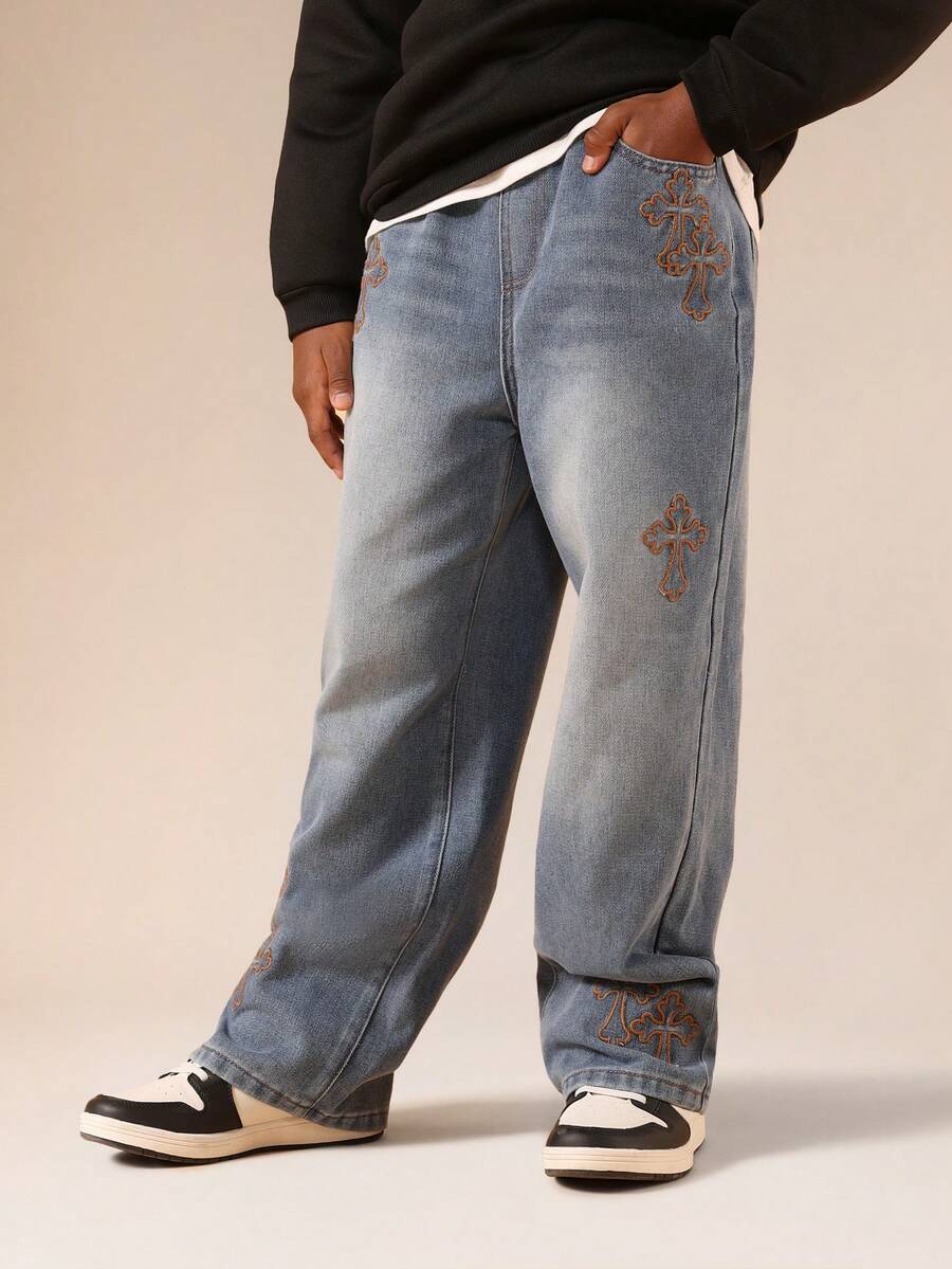 SUMWON Wide Leg Light Wash Denim Jeans With Orange Cross Embroidery Design Relaxed Fit Baggy Pants With Cuffed Hem Vacation - Light Wash - View 1