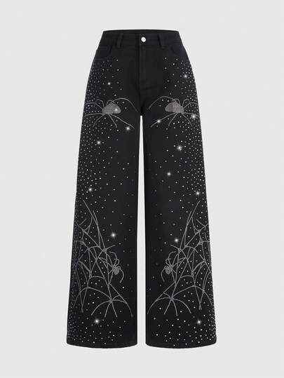 Grunge Punk Jeans à jambes larges et coupe ample, fortement ornés de strass. Design de niche pour femmes