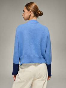 Hanevo 撞色圆领长袖韩版针织开衫，秋冬款 - 藍色 - 查看 2