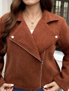 SHEIN LUNE Women'sPlus-SizeBrownWinterCord UroyMotorcycleJacket,FleeceLinedThickenedWarmCasualEveningJacketforChristmasThanksgivingParty,Non E - Brown - View 9