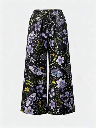 Fairycore Pantalones con estampado todo sobre mariposas, polillas, plantas y flores en estilo fairycore para mujer, pantalones casuales de vacaciones de talla grande para otoño/invierno