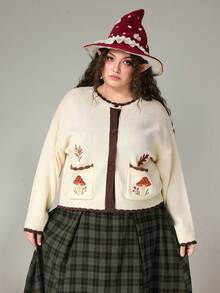 ROMWE Fairycore Plus Size Fariycore Mushroom, Maple Leaf, Plant Embroidery Contrast Color Beige Knit Cardigan, Elegant Mori Style Plus Size Women Sweater Top, Autumn/Winter - Multicolor - View 6