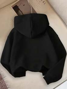 少女蝴蝶装饰休闲舒适保暖连帽卫衣，冬季款式，适合上学、外出、日常穿着，时尚卫衣 - 黑色 - 查看 2